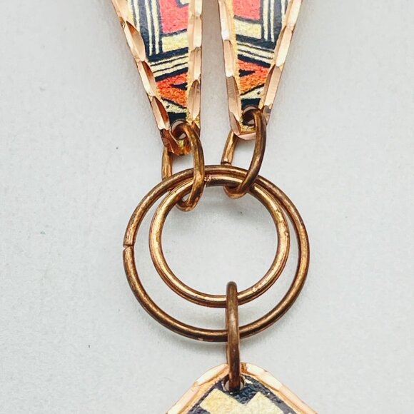 Vintage Copper Enamel Pendant Necklace Geometric Design Art Deco Revival Retro - Picture 4 of 10